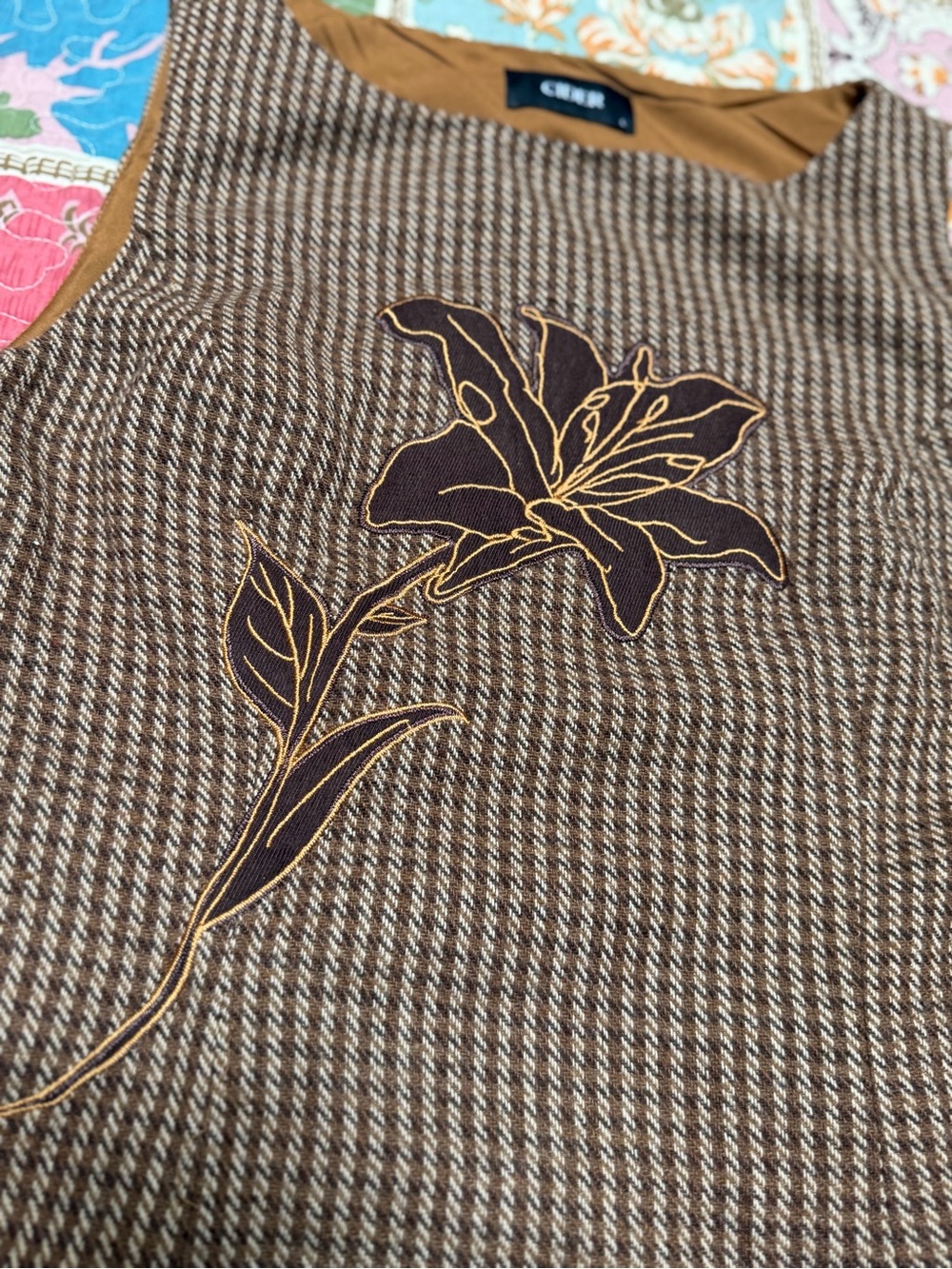 Weighted Mini Dress Cider Brown Houndstooth Floral Sleeveless Shift Sz L - Picture 3 of 6